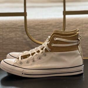 Converse off white and beige high top men’s 12, women’s 14. Never been worn.